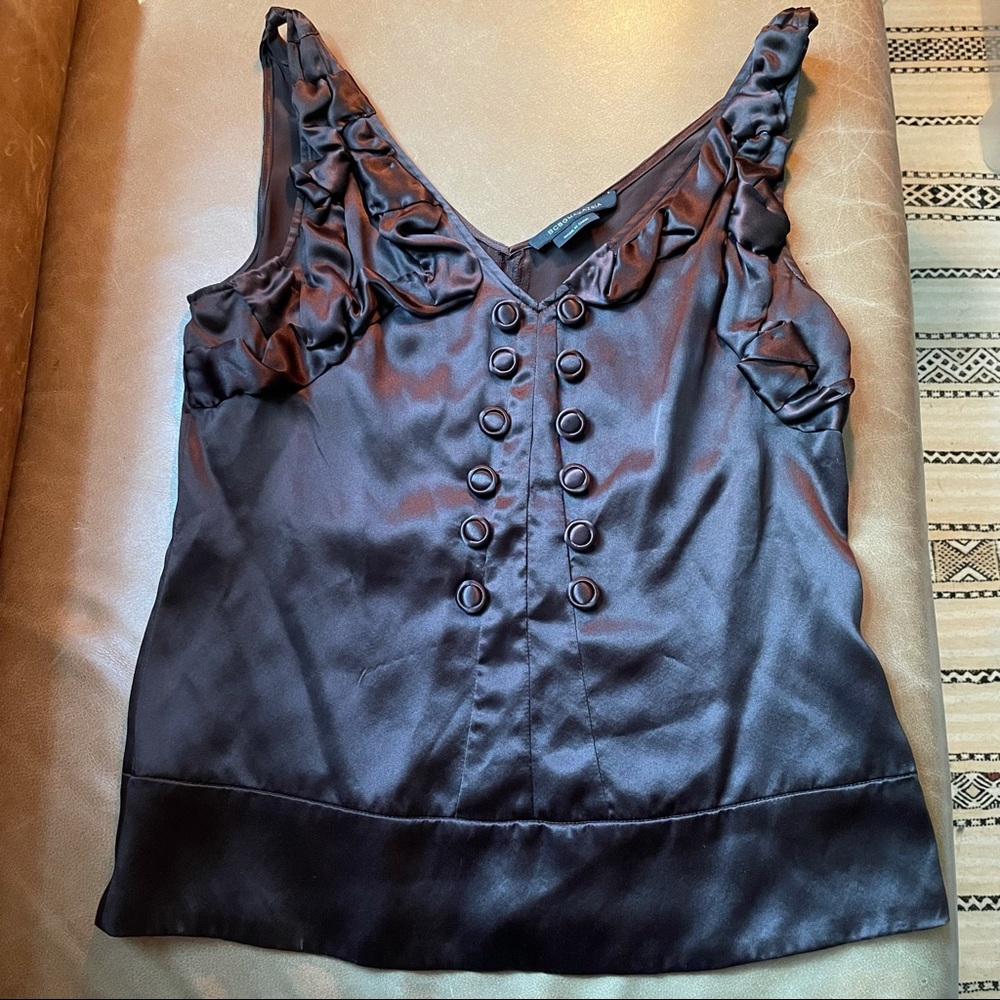 BCBG Maxazria silk blouse w buttons Y2k brown chocolate luxe 100% silk natural